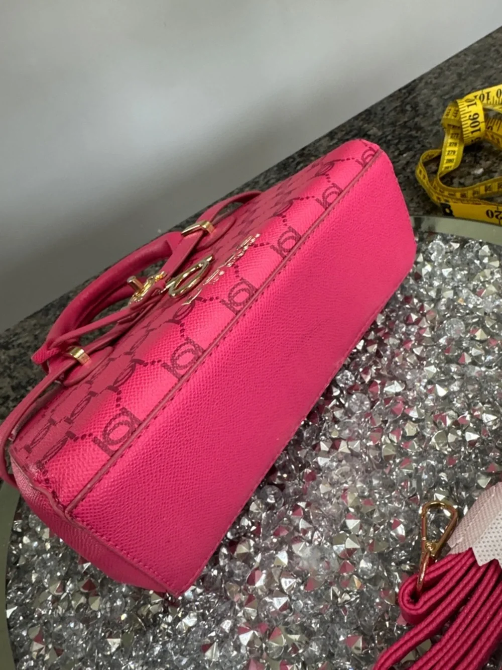 bebe Hot Pink Logo small Satchel with Gold-Tone Hardware and crossbody strap - Picture 14 of 16
